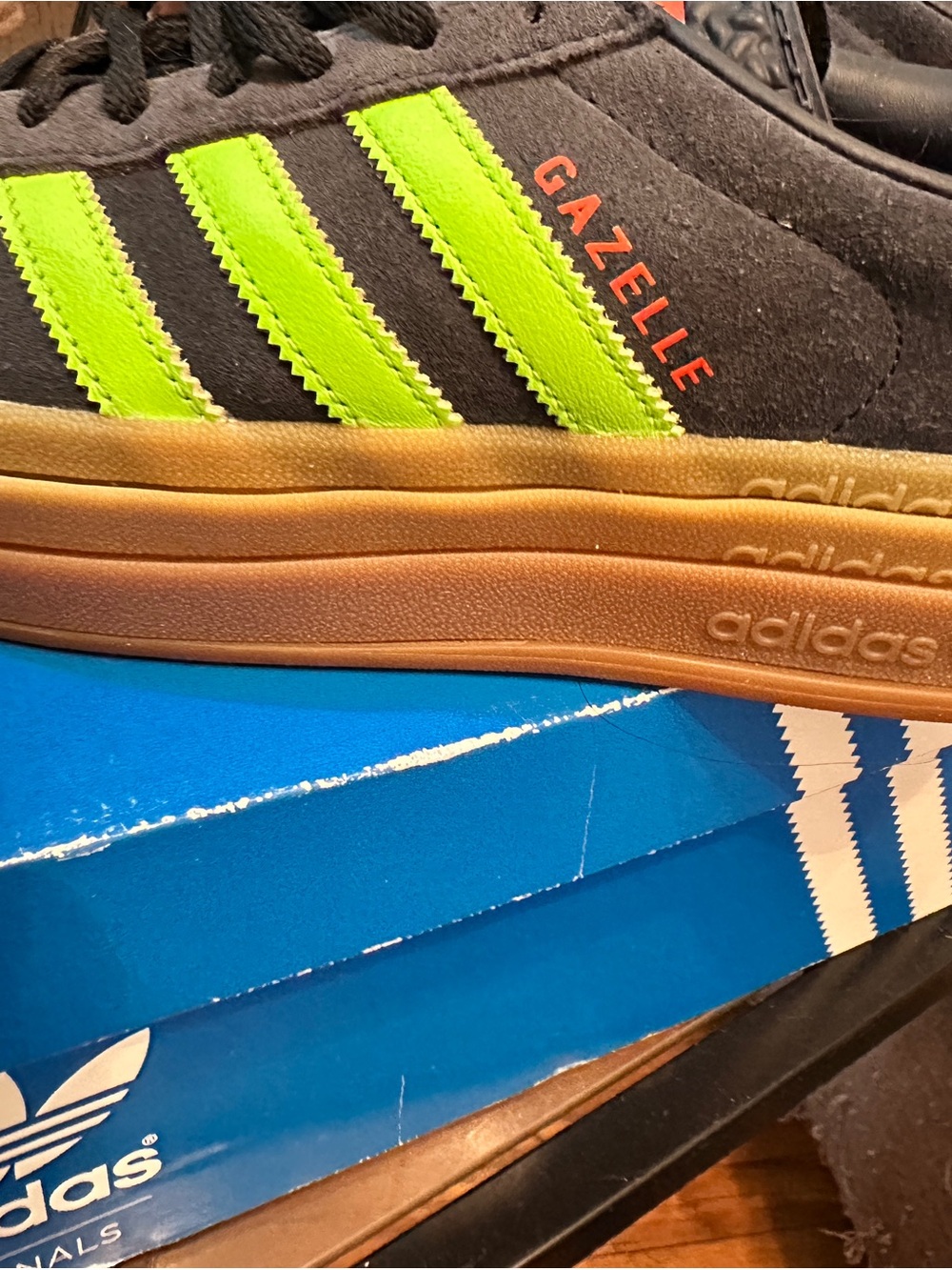 Adidas Gazelle Navy Blue Suede Sneakers with Neon Green Stripes